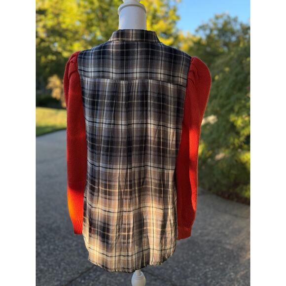 Upcycled Mystree Plaid Rayon Button Down with Sweater Puff Sleeves Size S-M - Picture 7 of 9